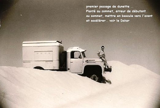 Septembre 1960 à septembre 1961 nord Niger à Madama par André Muiras Passage de ma première dune ... loupé ... planté. Comme au Dakar, fallait mettre le camion en équilibre, le laisser basculer et accélérer tout droit dans la...